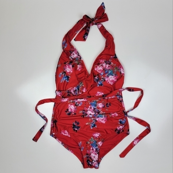 Modcloth Reese Red Floral Halter Ruffle One Piece Swimsuit S - Picture 1 of 9